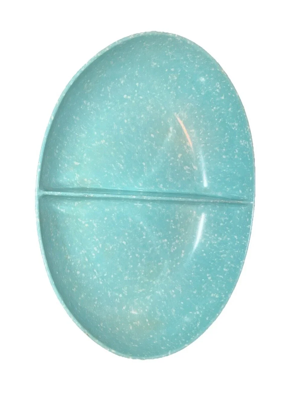VINTAGE AQUA BLUE SPECKLED CONFETTI DIVIDED SERVING MELMAC OVAL BOWL DISH